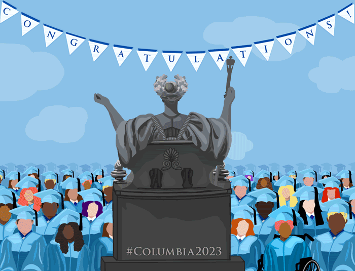 An animation of graduating students in front of Alma Mater during University Commencement.