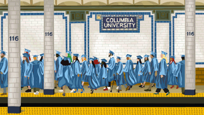 Graduates in regalia on the 116th Street subway station platform