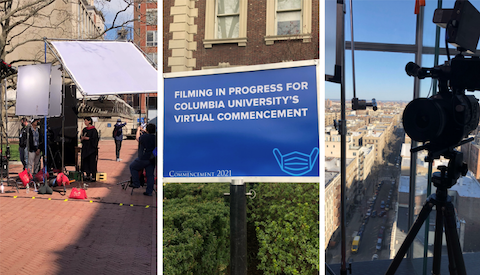 Three behind-the-scenes images from the making of Commencement 2021. 
1: filming set up
2: sign that reads: filming in progress for Columbia University's virtual Commencement 
3: Camera overlooking NYC