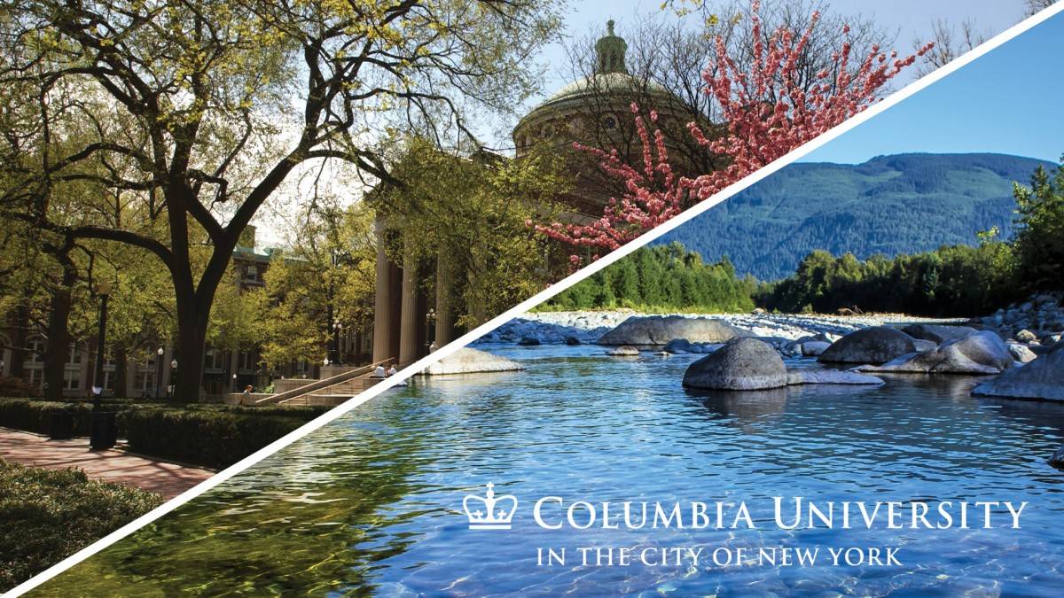 A collage of a building on Columbia’s campus and a natural water source, to showcase Columbia University's commitment to global sustainability efforts