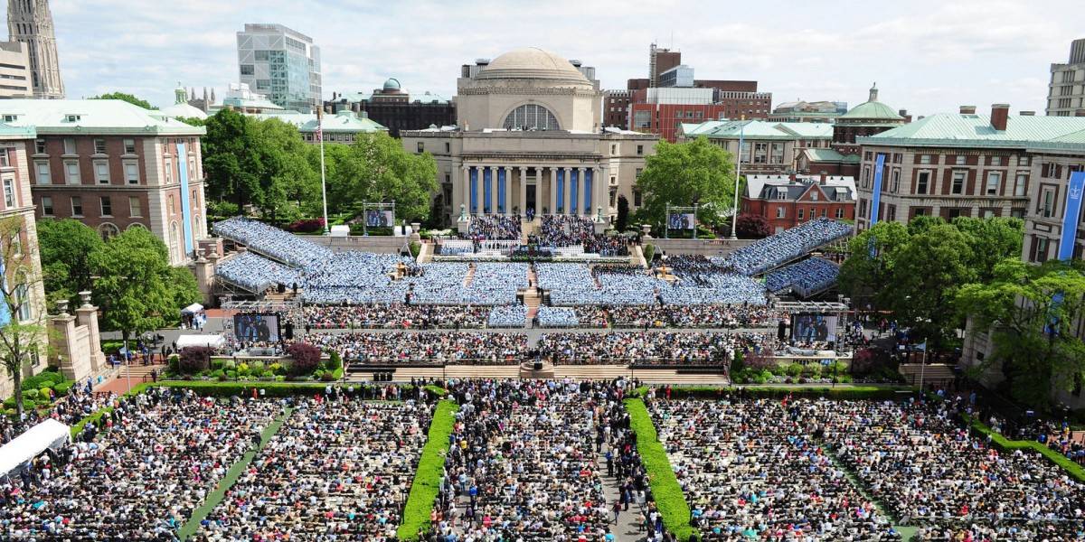 A landscape view of Columbia University's Morningside Campus and Low Library on Commencement Day